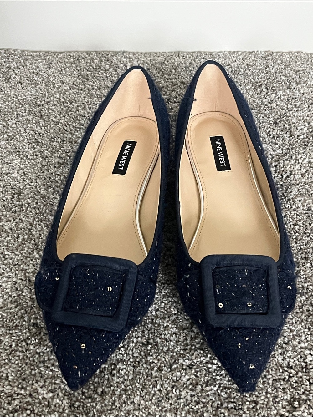 Nine Wester Navy Pointed Tweed Flats with Buckle Accent